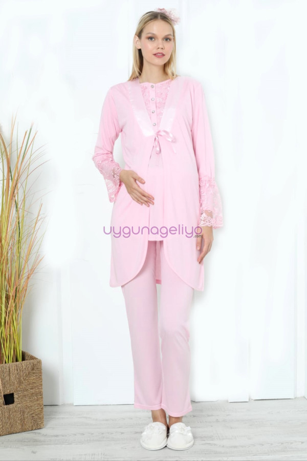 pembe renk erdeniz 3393 uzun kol dantel detaylı 3 lü ve sabahlıklı hamile pijama takımı, erdeniz-pembe-3393, lohusa pijama takımları, Erdeniz