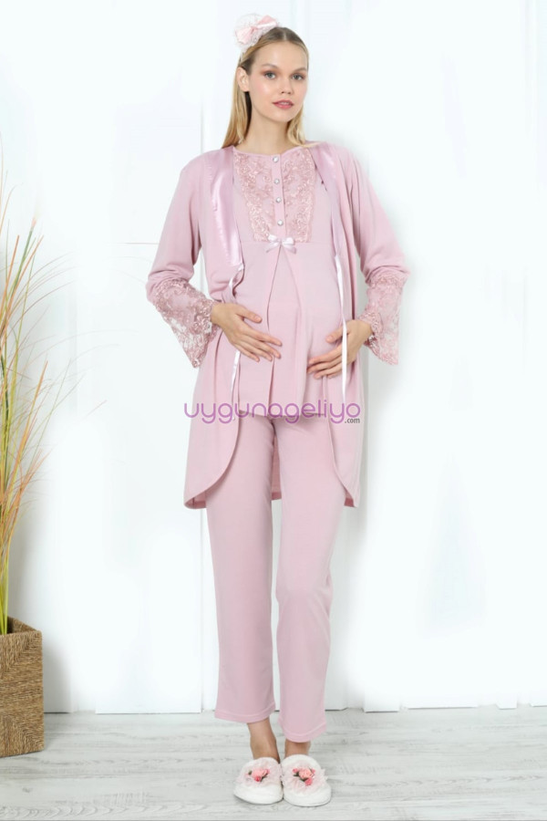 pudra renk erdeniz 3393 uzun kol dantel detaylı 3 lü ve sabahlıklı hamile pijama takımı, erdeniz-pudra-3393, lohusa pijama takımları, Erdeniz