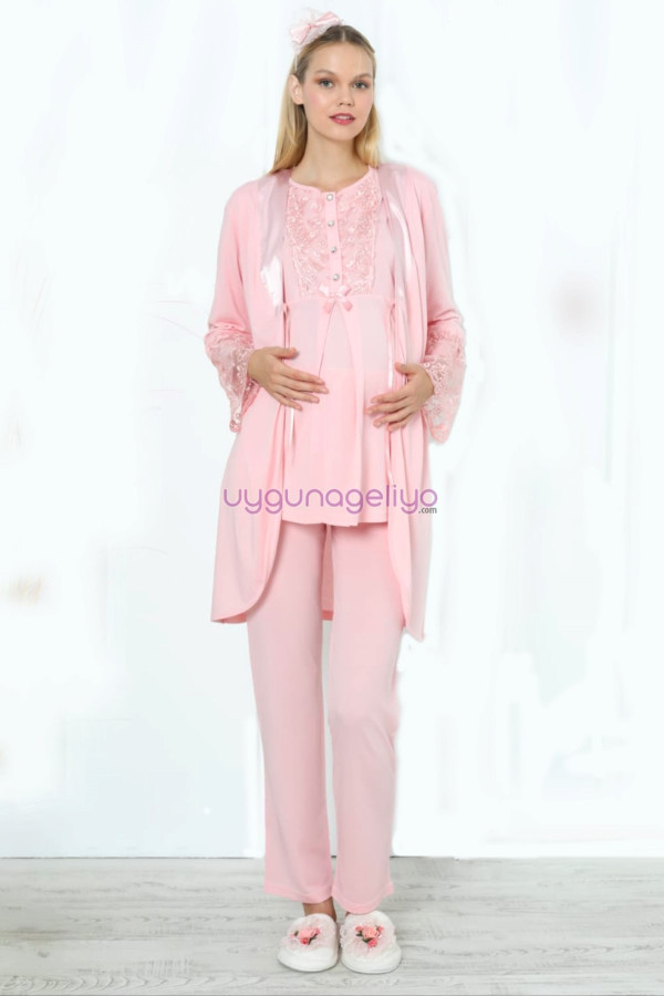 somon renk erdeniz 3393 uzun kol dantel detaylı 3 lü ve sabahlıklı hamile pijama takımı, erdeniz-somon-3393, lohusa pijama takımları, Erdeniz