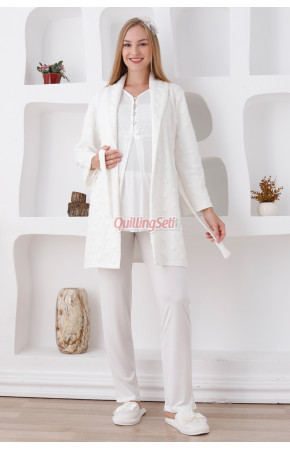 Ekru Renk Dantel Detaylı Derin Patlı, Erdeniz 3421 Kışlık Wellsoft Sabahlıklı Hamile Pijama Takımı