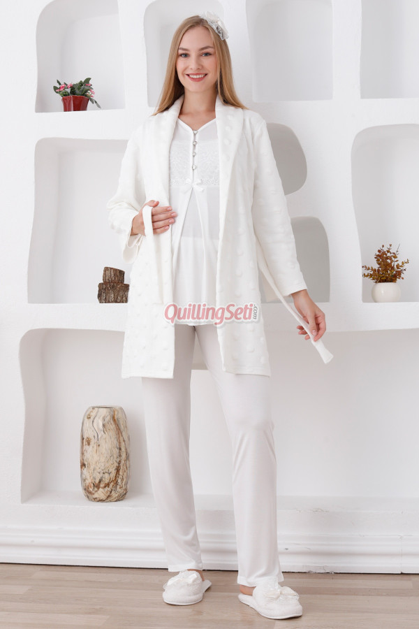 ekru renk dantel detaylı derin patlı, erdeniz 3421 kışlık wellsoft sabahlıklı hamile pijama takımı, 8509990009397, lohusa pijama takımları, Erdeniz