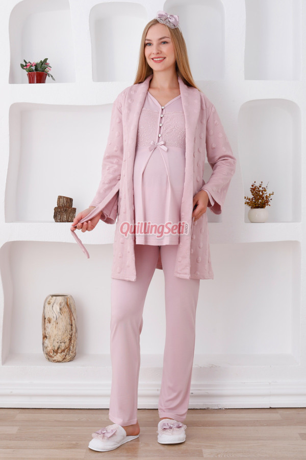 pudra renk dantel detaylı derin patlı, erdeniz 3421 kışlık wellsoft sabahlıklı hamile pijama takımı, 8509990009311, lohusa pijama takımları, Erdeniz