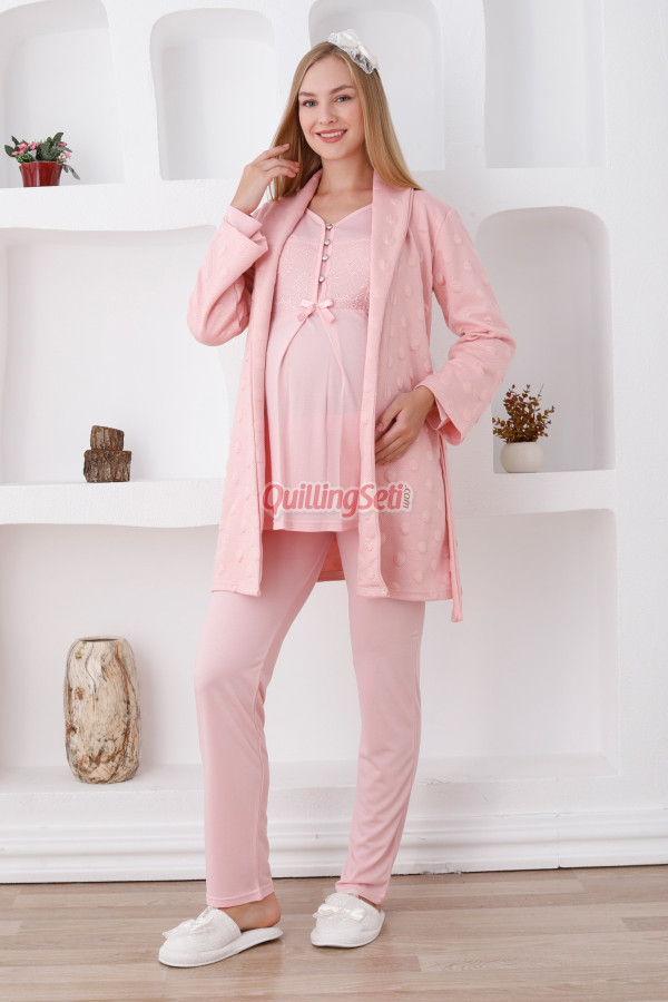 somon renk dantel detaylı derin patlı, erdeniz 3421 kışlık wellsoft sabahlıklı hamile pijama takımı, 8509990009359, lohusa pijama takımları, Erdeniz