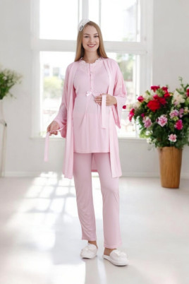 Pembe Renk Dantel Detaylı Derin Patlı, Erdeniz 3420 Uzun Kol ve Sabahlıklı 3lü Lohusa Pijama Takımı