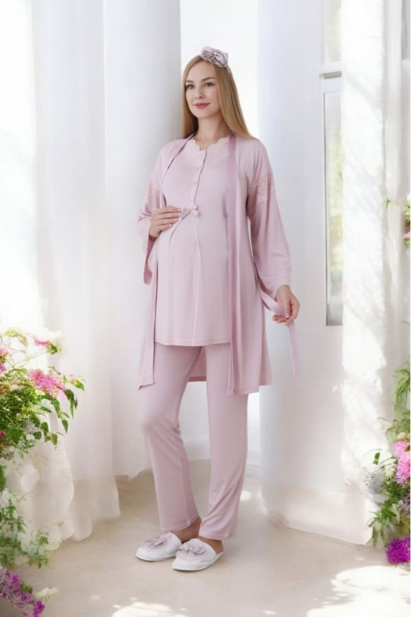 pudra renk dantel detaylı derin patlı, erdeniz 3420 uzun kol ve sabahlıklı 3lü lohusa pijama takımı, 8509990003135, lohusa pijama takımları, Erdeniz