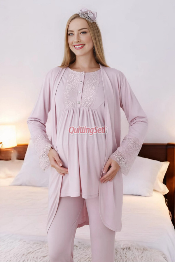 pudra renk dantel detaylı derin patlı, erdeniz 3427 kışlık sabahlıklı 3lü lohusa pijama takımı, 8509990002817, lohusa pijama takımları, Erdeniz