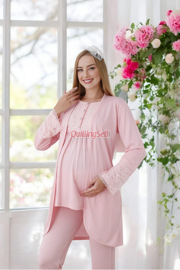 somon renk dantel detaylı derin patlı, erdeniz 3427 kışlık sabahlıklı 3lü lohusa pijama takımı, 8509990002978, lohusa pijama takımları, Erdeniz