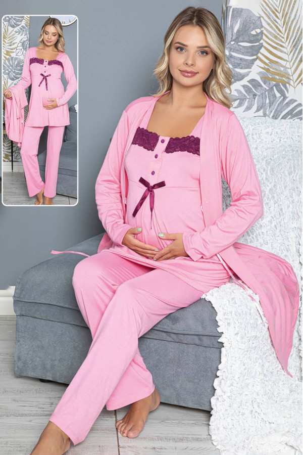 sabahlıklı lohusa pijama takımı jenika 42285 3lü sabahlıklı hamile pijaması, jenika 42285, lohusa pijama takımları, Jenika