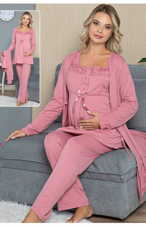 Sabahlıklı Lohusa Pijama Takımı Jenika 42329 3lü Sabahlıklı Hamile Pijaması