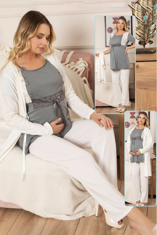 sabahlıklı lohusa pijama takımı jenika 39815 3lü sabahlıklı hamile pijaması, jenika 39815, lohusa pijama takımları, Jenika