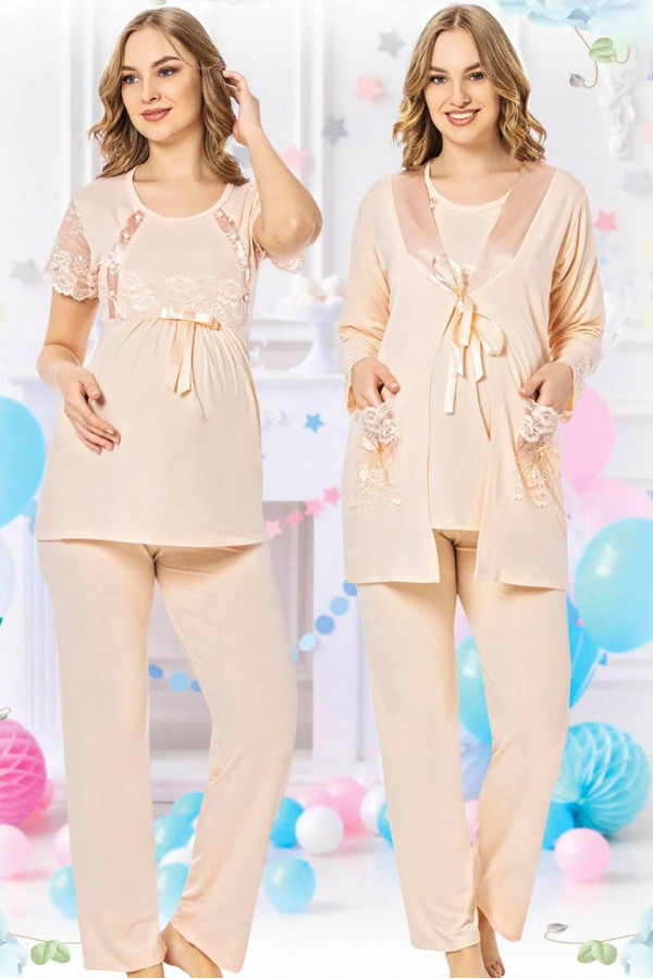 sabahlıklı lohusa pijama takımı jenika 35738 3lü sabahlıklı hamile pijaması, jenika 35738, lohusa pijama takımları, Jenika