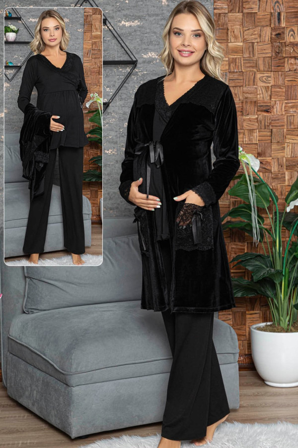 kadın siyah lohusa pijama takımı jenika 42422  sabahlıklı  3lü sabahlıklı hamile pijaması, jenika42422, lohusa pijama takımları