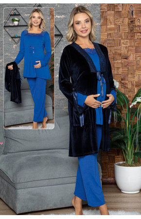 Kadın Mavi Lohusa Pijama Takımı Jenika 42446  Sabahlıklı  3lü Sabahlıklı Hamile Pijaması