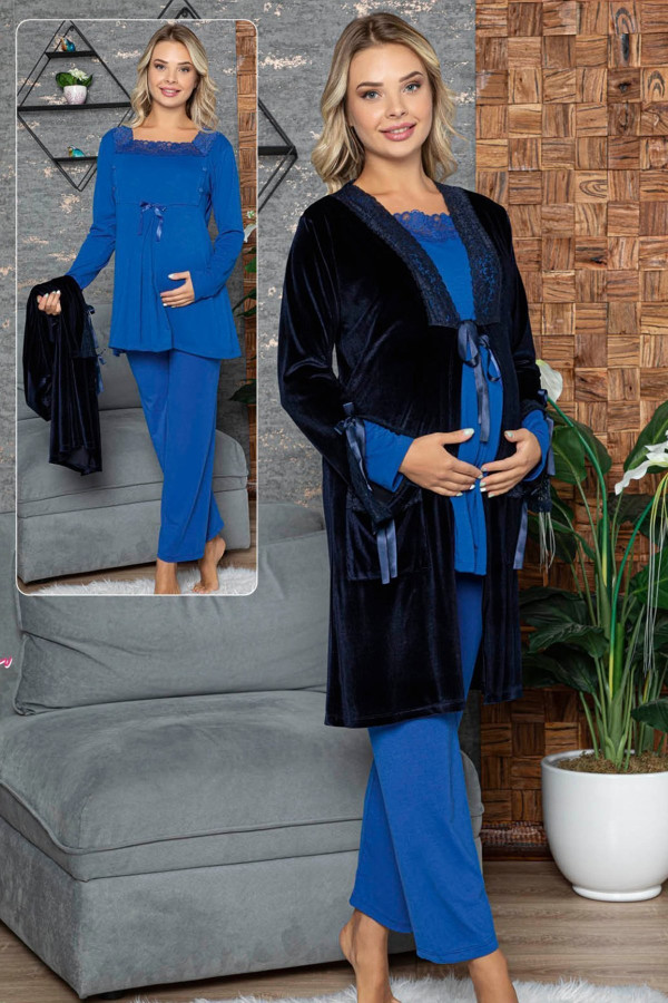 kadın mavi lohusa pijama takımı jenika 42446  sabahlıklı  3lü sabahlıklı hamile pijaması, jenika42446, lohusa pijama takımları