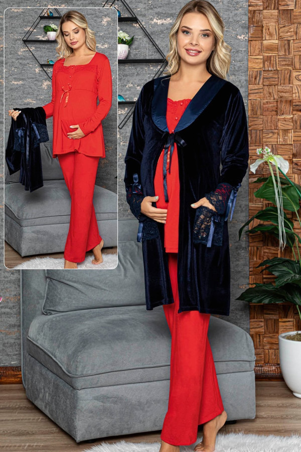 kadın kırmızı lohusa pijama takımı jenika 42467  sabahlıklı  3lü sabahlıklı hamile pijaması, jenika42467, lohusa pijama takımları