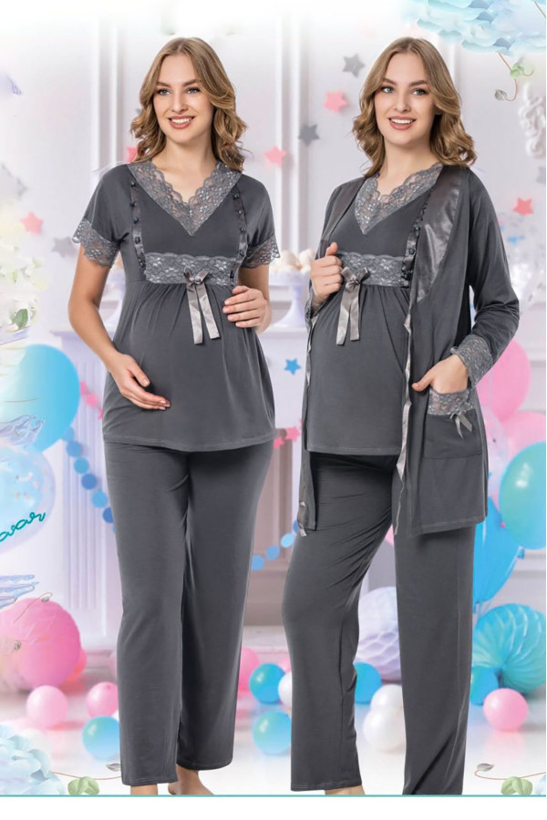 sabahlıklı lohusa pijama takımı jenika 35692 3 lü sabahlıklı hamile pijaması, jenika-35692, lohusa pijama takımları, Jenika
