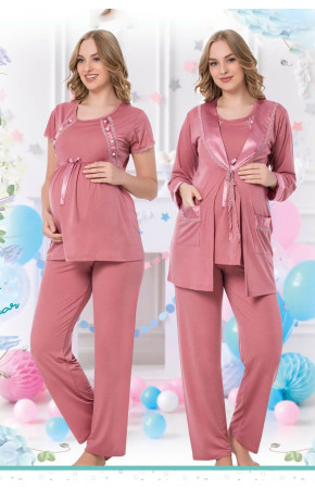 Sabahlıklı Lohusa Pijama Takımı Jenika 35756 3 lü Sabahlıklı Hamile Pijaması