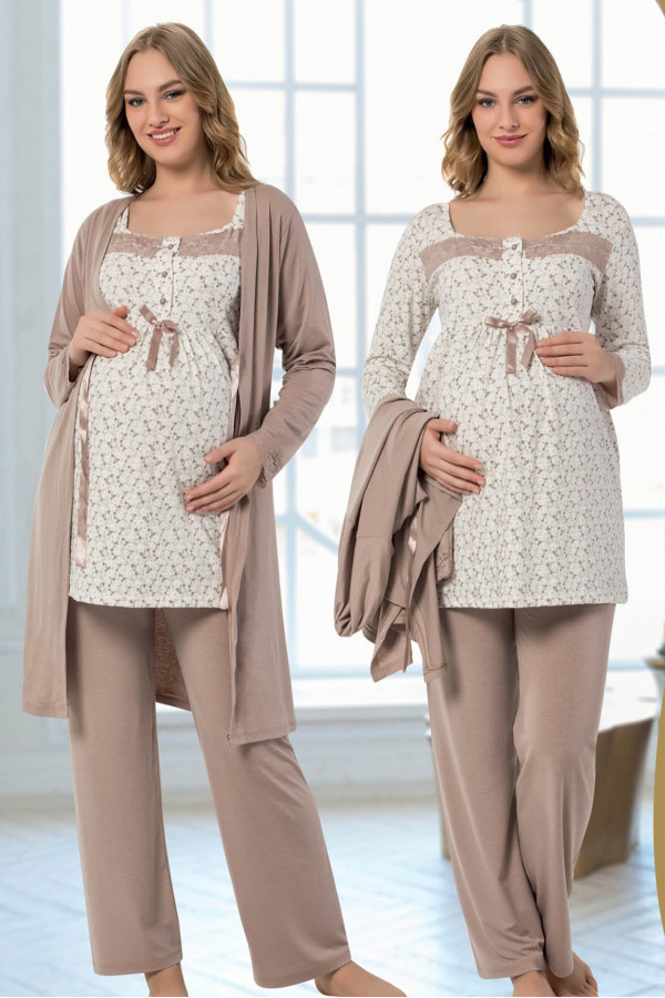 sabahlıklı 3 lü lohusa pijama takımı - jenika 36232 3lü sabahlıklı hamile pijaması, jenika-36232, lohusa pijama takımları, Jenika