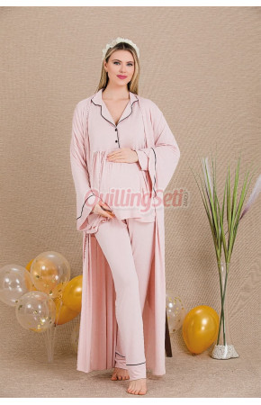 Pudra Renk Derin Patlı, Lady 3301 Sabahlıklı 3lü Lohusa Hamile Pijama Takımı