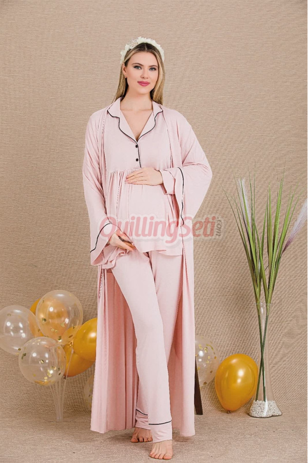 pudra renk derin patlı, lady 3301 sabahlıklı 3lü lohusa hamile pijama takımı, 8509990029463, lohusa pijama takımları, Lady