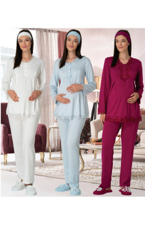 Mecit  2 li Kışlık Lohusa Pijama Takımı - Mecit 5309 Kışlık Bayan Pudra, Ekru ve Mavi Renk Seçenekli İkili Hamile Pijama Takımı