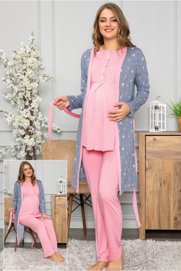 pembe renk kadın sabahlıklı lohusa pijama takımı tuba pelin 1454- 3 lü hamile pijama takımı, pelin1454, lohusa pijama takımları, Tuba