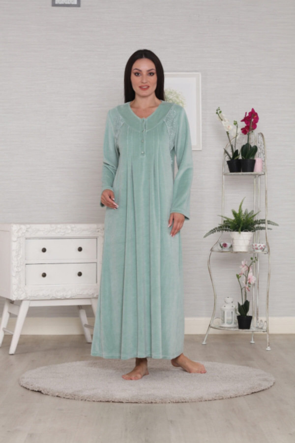 kadın yeşil renk tuba 169 uzun kollu kışlık kadife gecelik, tuba169, tuba pijama takımı, Mecit