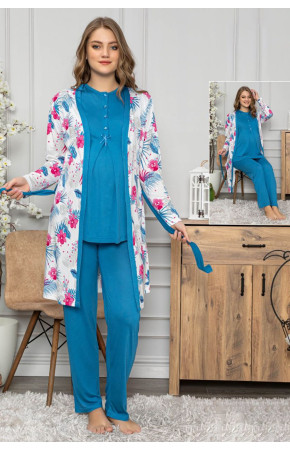 Mavi Renk Kadın Sabahlıklı Lohusa Pijama Takımı Tuba Pelin 1451- 3 lü Hamile Pijama Takımı