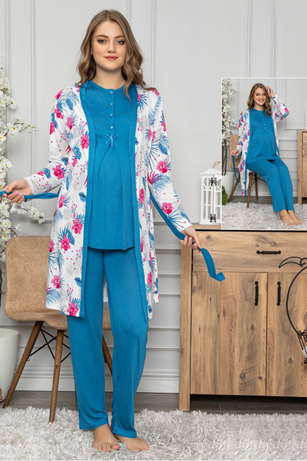 mavi renk kadın sabahlıklı lohusa pijama takımı tuba pelin 1451- 3 lü hamile pijama takımı, pelin1451, lohusa pijama takımları, Tuba