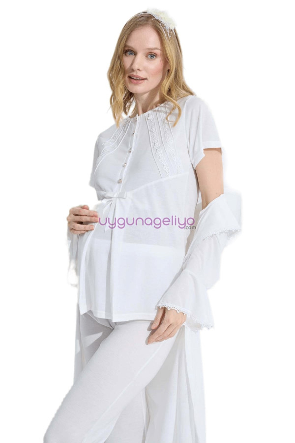 ekru renk erdeniz 3382 kısa kol dantel detaylı 3 lü ve sabahlıklı hamile pijama takımı, erdeniz-3382e, lohusa pijama takımları, Erdeniz
