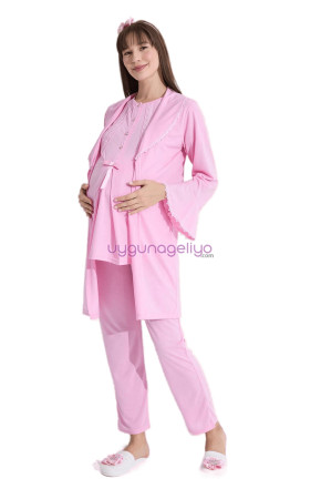 Pembe Renk Erdeniz 3382 Kısa Kol Dantel Detaylı 3 lü ve Sabahlıklı Hamile Pijama Takımı