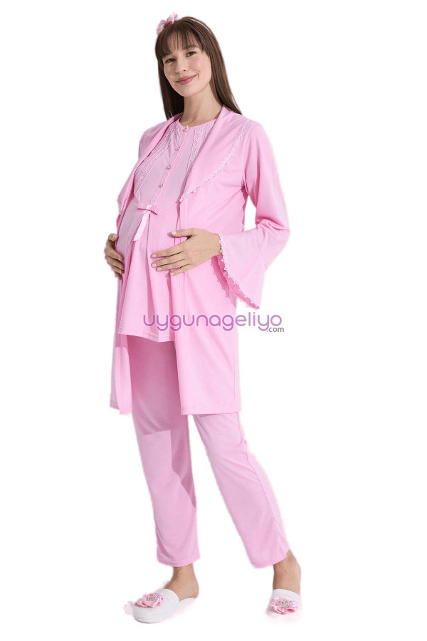 Pembe Renk Erdeniz 3382 Kısa Kol Dantel Detaylı 3 lü ve Sabahlıklı Hamile Pijama Takımı