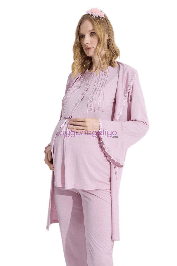 pudra renk erdeniz 3382 kısa kol dantel detaylı 3 lü ve sabahlıklı hamile pijama takımı, erdeniz-3382pu, lohusa pijama takımları, Erdeniz