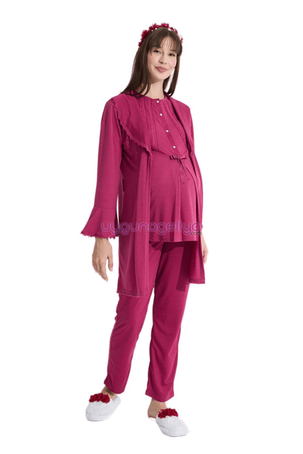 Bordo Renk Erdeniz 3382 Kısa Kol Dantel Detaylı 3 lü ve Sabahlıklı Hamile Pijama Takımı