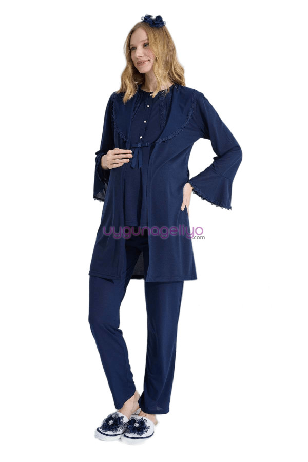 lacivert renk erdeniz 3382 kısa kol dantel detaylı 3 lü ve sabahlıklı hamile pijama takımı, erdeniz-3382l, lohusa pijama takımları, Erdeniz