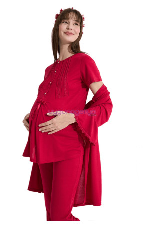 Kırmızı Renk Erdeniz 3382 Kısa Kol Dantel Detaylı 3 lü ve Sabahlıklı Hamile Pijama Takımı