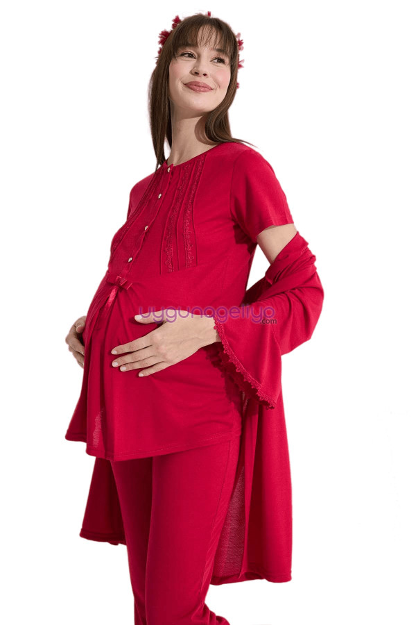 Kırmızı Renk Erdeniz 3382 Kısa Kol Dantel Detaylı 3 lü ve Sabahlıklı Hamile Pijama Takımı