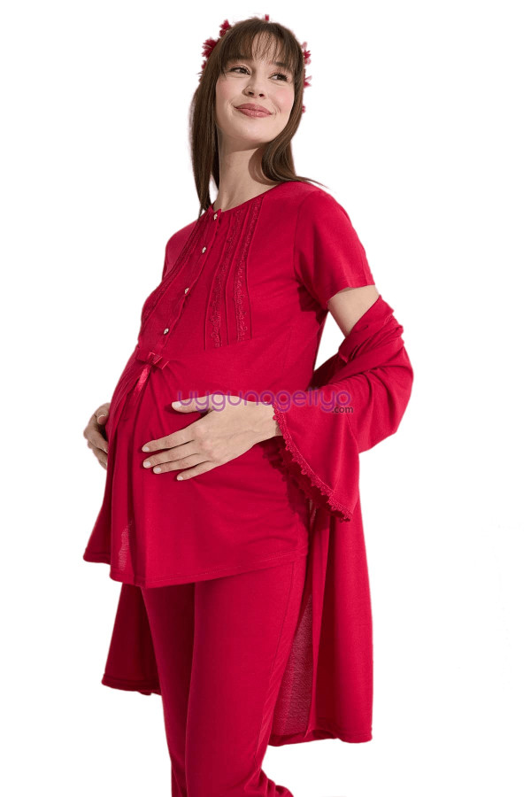 kırmızı renk erdeniz 3382 kısa kol dantel detaylı 3 lü ve sabahlıklı hamile pijama takımı, erdeniz-3382k, lohusa pijama takımları, Erdeniz