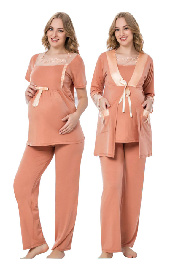 turuncu renk, kısa kol, dantel detaylı, sabahlıklı lohusa hamile pijama takımı jenika 35697, jenika-35697, lohusa pijama takımları, Jenika