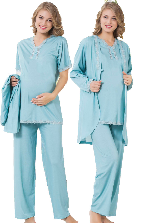 yeşil renk, kısa kol, dantel detaylı, sabahlıklı lohusa hamile pijama takımı jenika 23229, jenika-23229, lohusa pijama takımları, Jenika