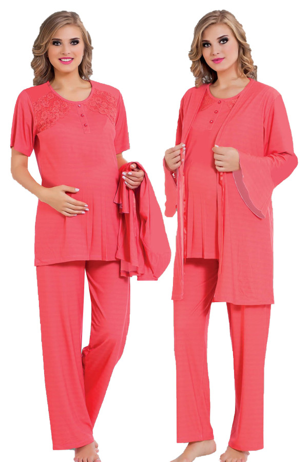 nar çiçeği renk kısa kol dantel detaylı sabahlıklı lohusa hamile pijama takımı jenika 23244, jenika-23244, lohusa pijama takımları, Jenika