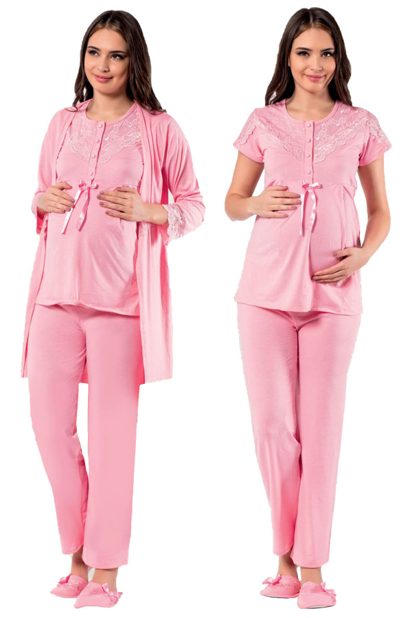 pembe renk kısa kol dantel detaylı sabahlıklı lohusa hamile pijama takımı jenika 27804, jenika-27804, lohusa pijama takımları