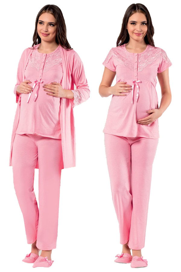 pembe renk kısa kol dantel detaylı sabahlıklı lohusa hamile pijama takımı jenika 27804, jenika-27804, lohusa pijama takımları, Jenika
