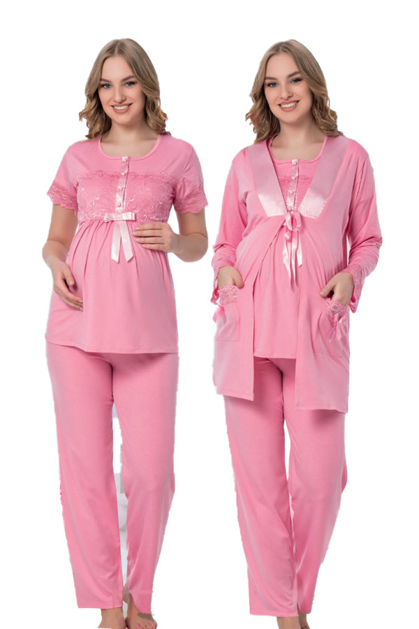 pembe renk, kısa kol, dantel detaylı, sabahlıklı lohusa hamile pijama takımı jenika 35726, jenika-35726, lohusa pijama takımları, Jenika