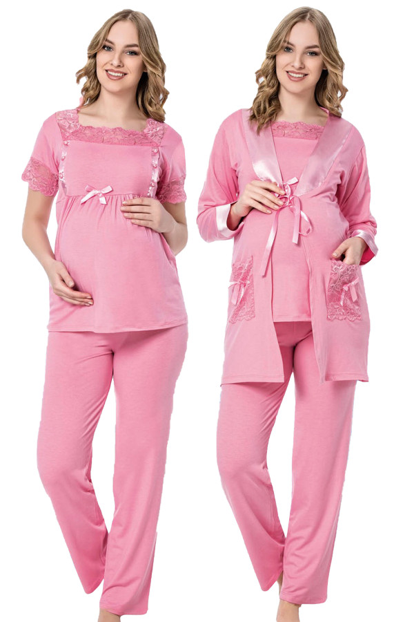 pembe renk, kısa kol, dantel detaylı, sabahlıklı lohusa hamile pijama takımı jenika 35757, jenika-35757, lohusa pijama takımları