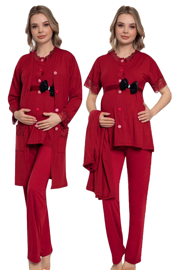 bordo renk kısa kol dantel detaylı sabahlıklı lohusa hamile pijama takımı jenika 51351, jenika-51351, lohusa pijama takımları
