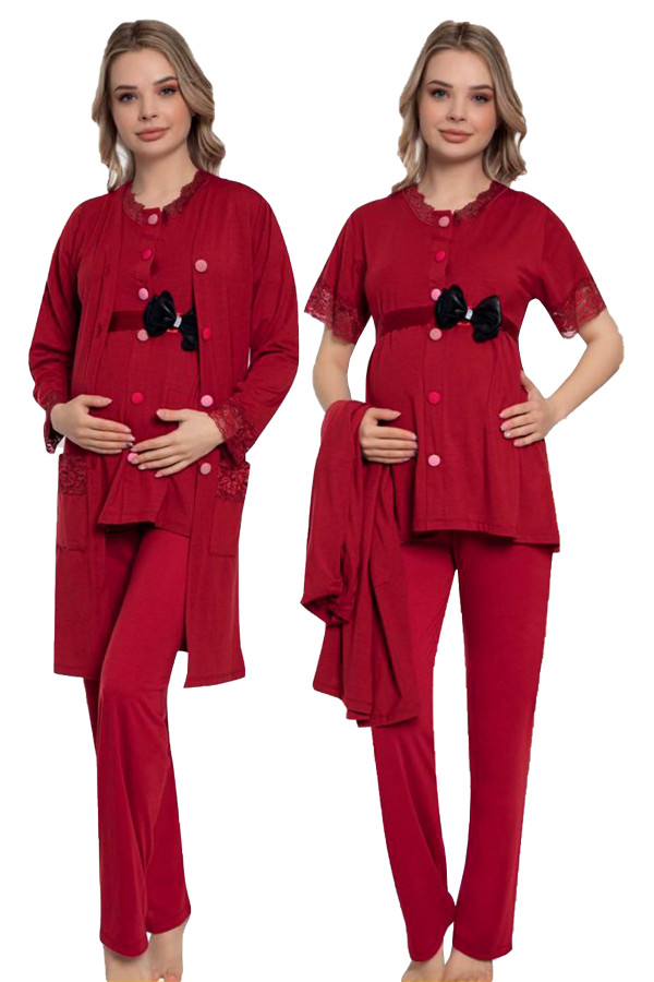 bordo renk kısa kol dantel detaylı sabahlıklı lohusa hamile pijama takımı jenika 51351, jenika-51351, lohusa pijama takımları, Jenika