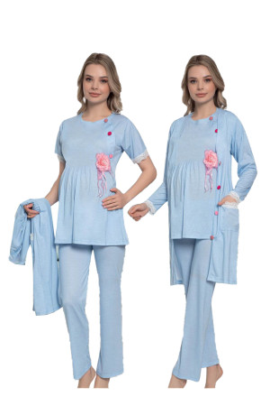 Bebe Mavisi Renk Kısa Kol Dantel Detaylı Sabahlıklı Lohusa Hamile Pijama Takımı Jenika 51359