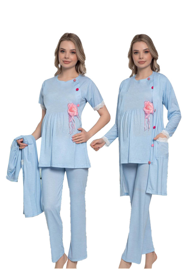 bebe mavisi renk kısa kol dantel detaylı sabahlıklı lohusa hamile pijama takımı jenika 51359, jenika-51359, lohusa pijama takımları, Jenika