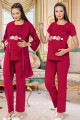bordo renk, kısa kol, dantel detaylı, sabahlıklı lohusa hamile pijama takımı jenika 51693, jenika-51693, lohusa pijama takımları, Jenika